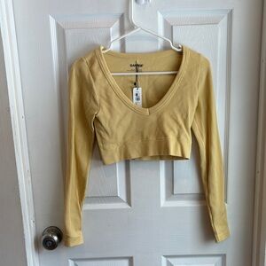 Garage Mustard & Sage Ribbed Long Sleeve Crop Top NWT